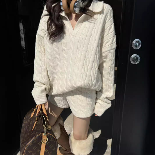 Revers Afslankend Los Casual Kabelgebreide Trui Shorts Modepak