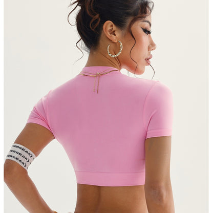 Sporttop met ronde hals rits en korte mouwen