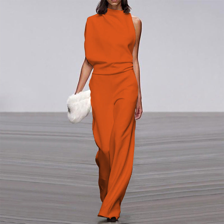 Womens Solid Color One Shoulder Ruched Collar Jumpsuit