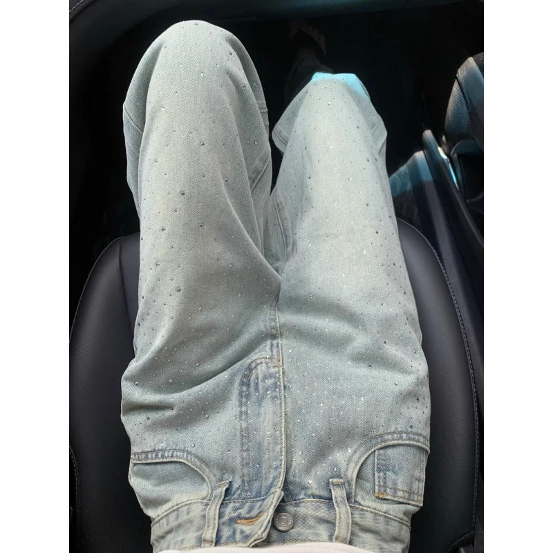 Designer rechte jeans met strass steentjes hoge taille voor dames