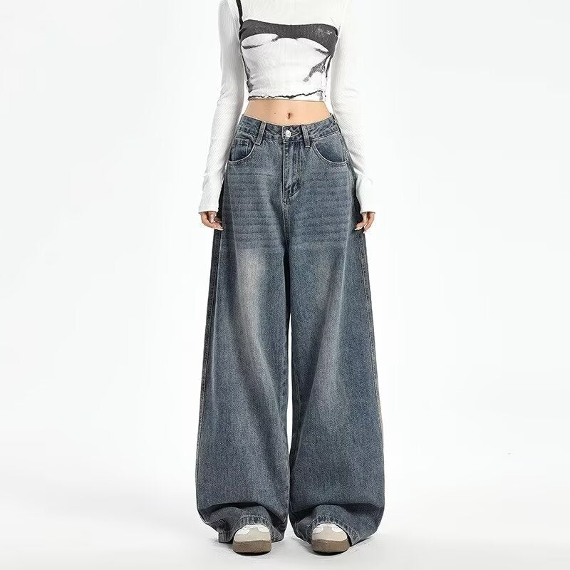 Womens High Waist Wide Leg Denim Trousers