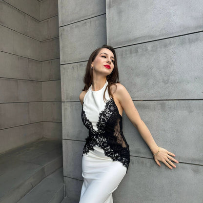 Lace Patchwork Hollow-Out Bodycon Dress Halter Neck