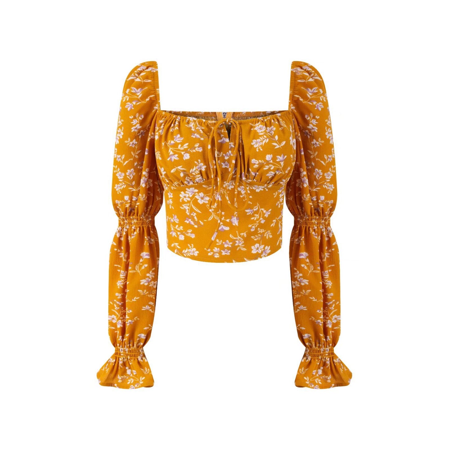 Damestop in Franse retrostijl met bloemenprint vierkante hals en pofmouwen