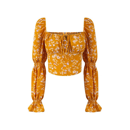 Damestop in Franse retrostijl met bloemenprint vierkante hals en pofmouwen