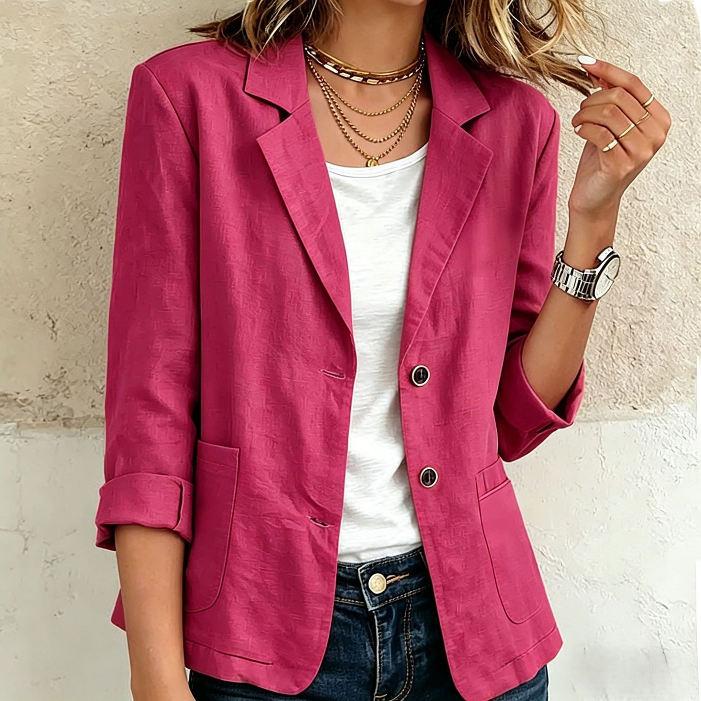 Womens Buttoned Long Sleeve Linen Blend Jacket