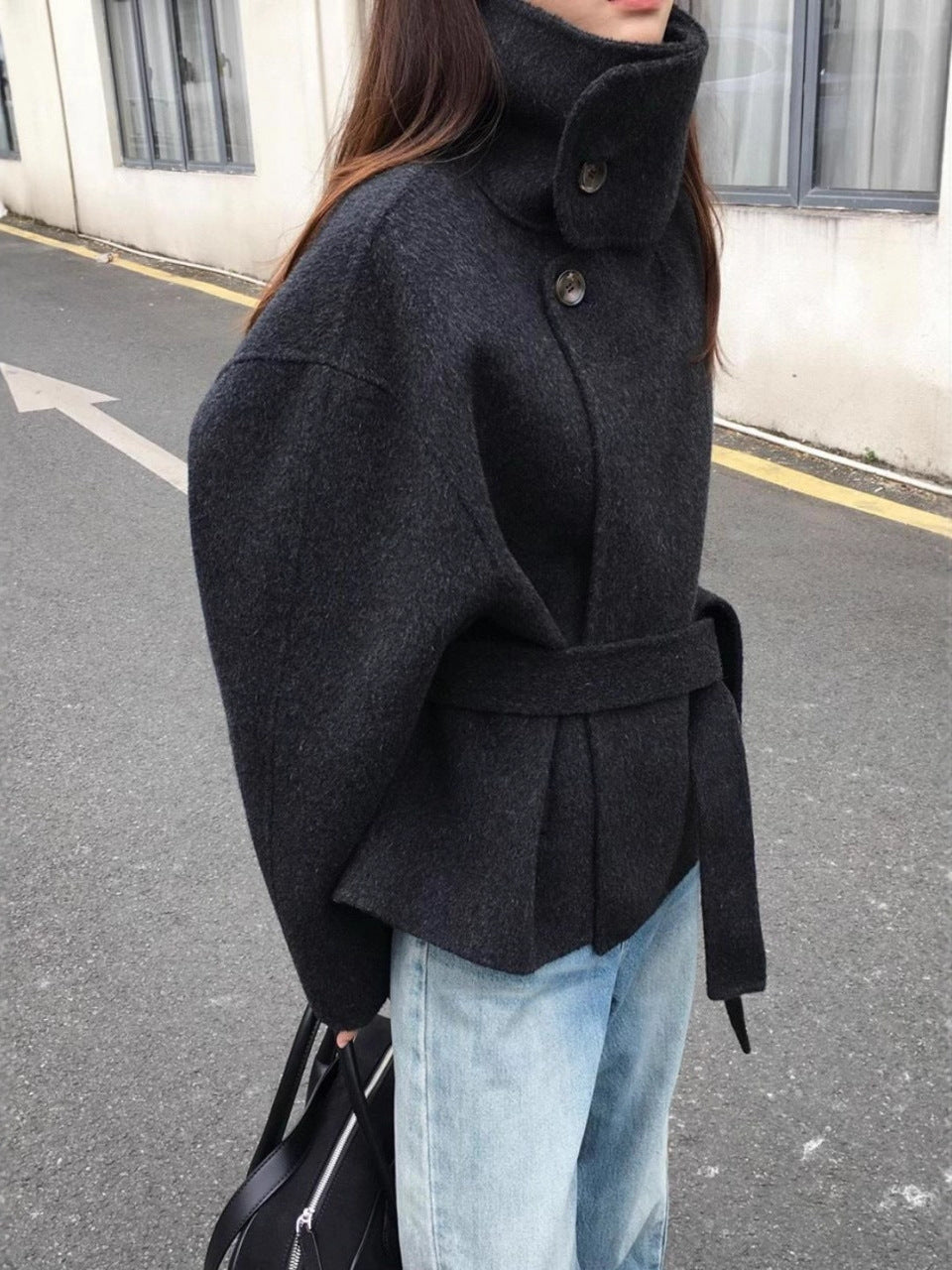 Womens Stand Collar Wool Blend Coat