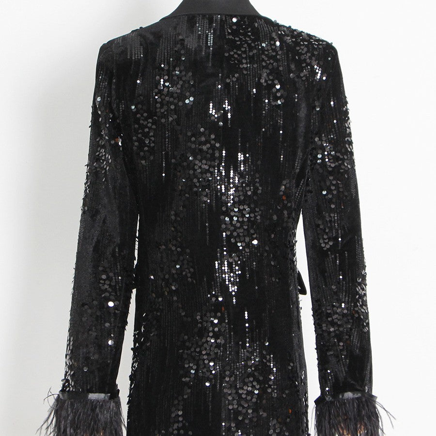 Lange Mouw Pailletten Blazer Met Veren Manchetten