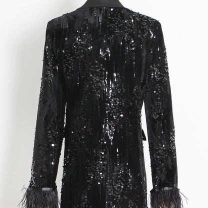 Lange Mouw Pailletten Blazer Met Veren Manchetten