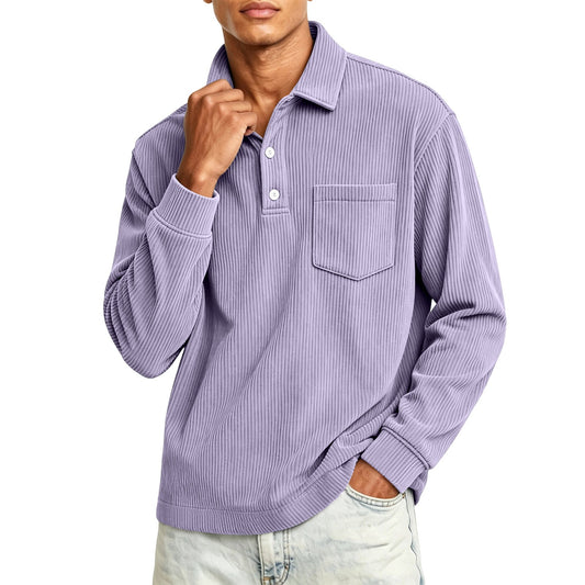 Heren corduroy poloshirt met halve knoopsluiting en lange mouwen