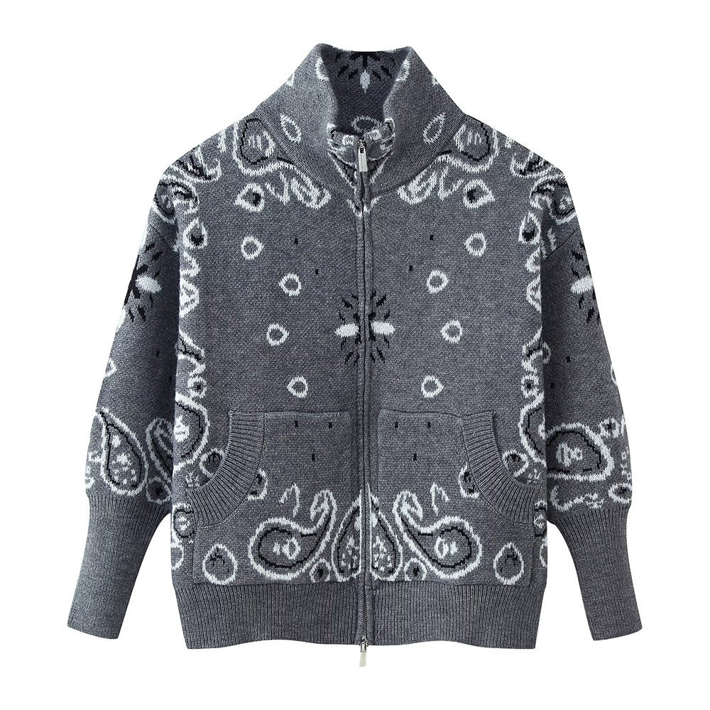 Loose Tricolor Zipper Long Sleeve Cardigan Sweater Jacket