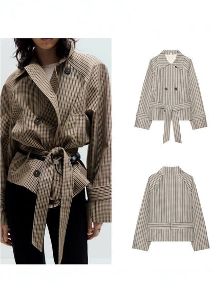 Classic Double-Breasted Grid Pattern Trench Coat