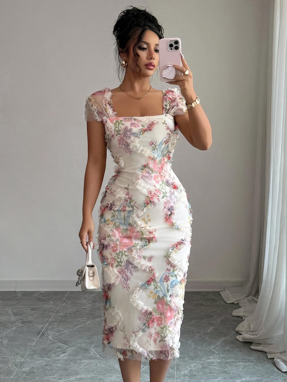 Elegant Mesh Floral Print Pleated Dress