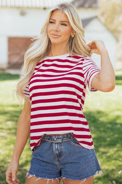 Rood gestreept patchwork T-shirt met ronde hals