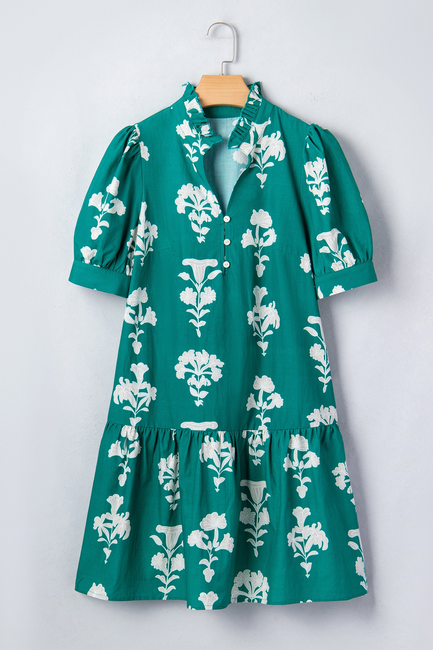 Mini-jurk met ruches V-hals pofmouwen en bloemenprint