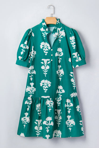Mini-jurk met ruches V-hals pofmouwen en bloemenprint