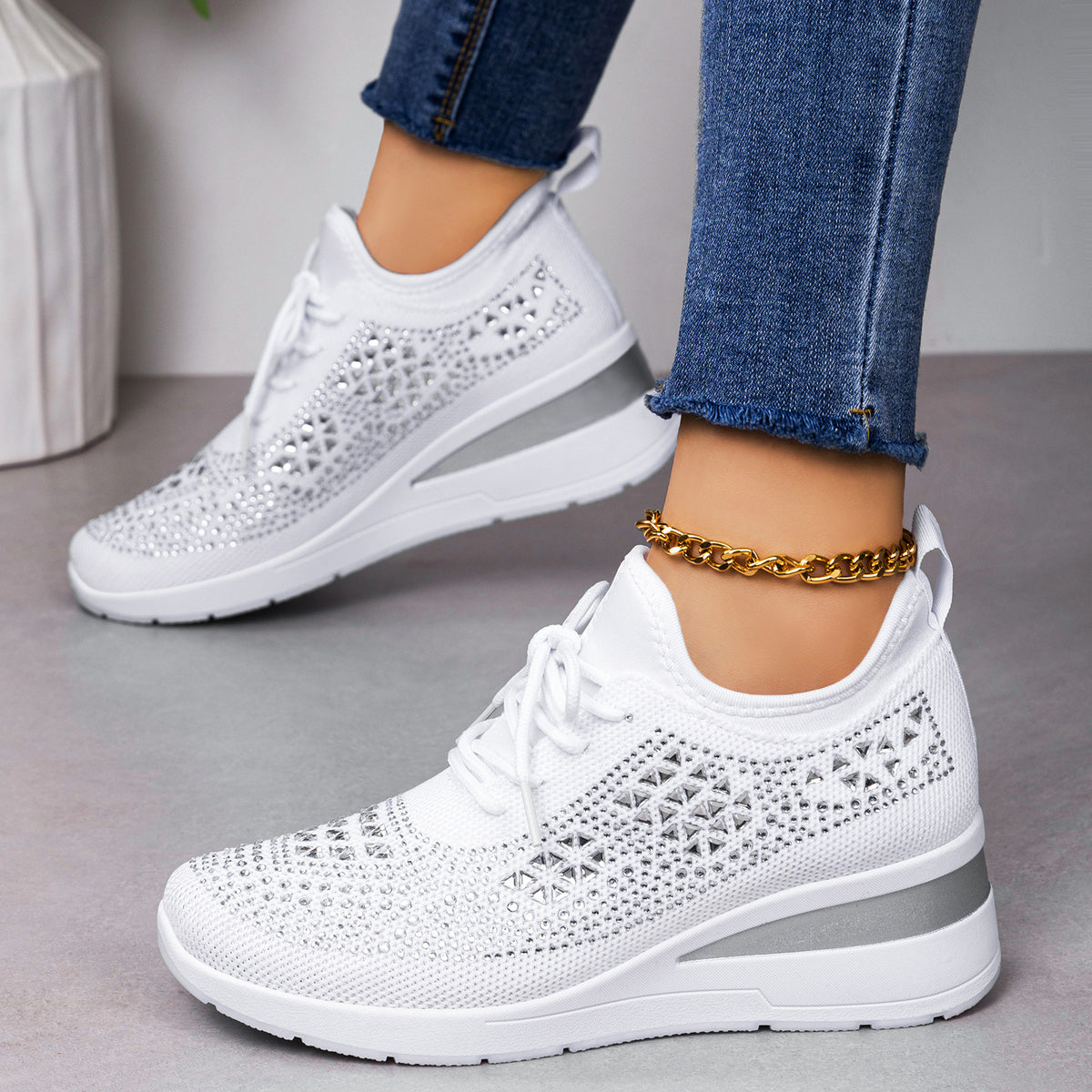 Rhinestone Lace-Up Women Casual Shoes