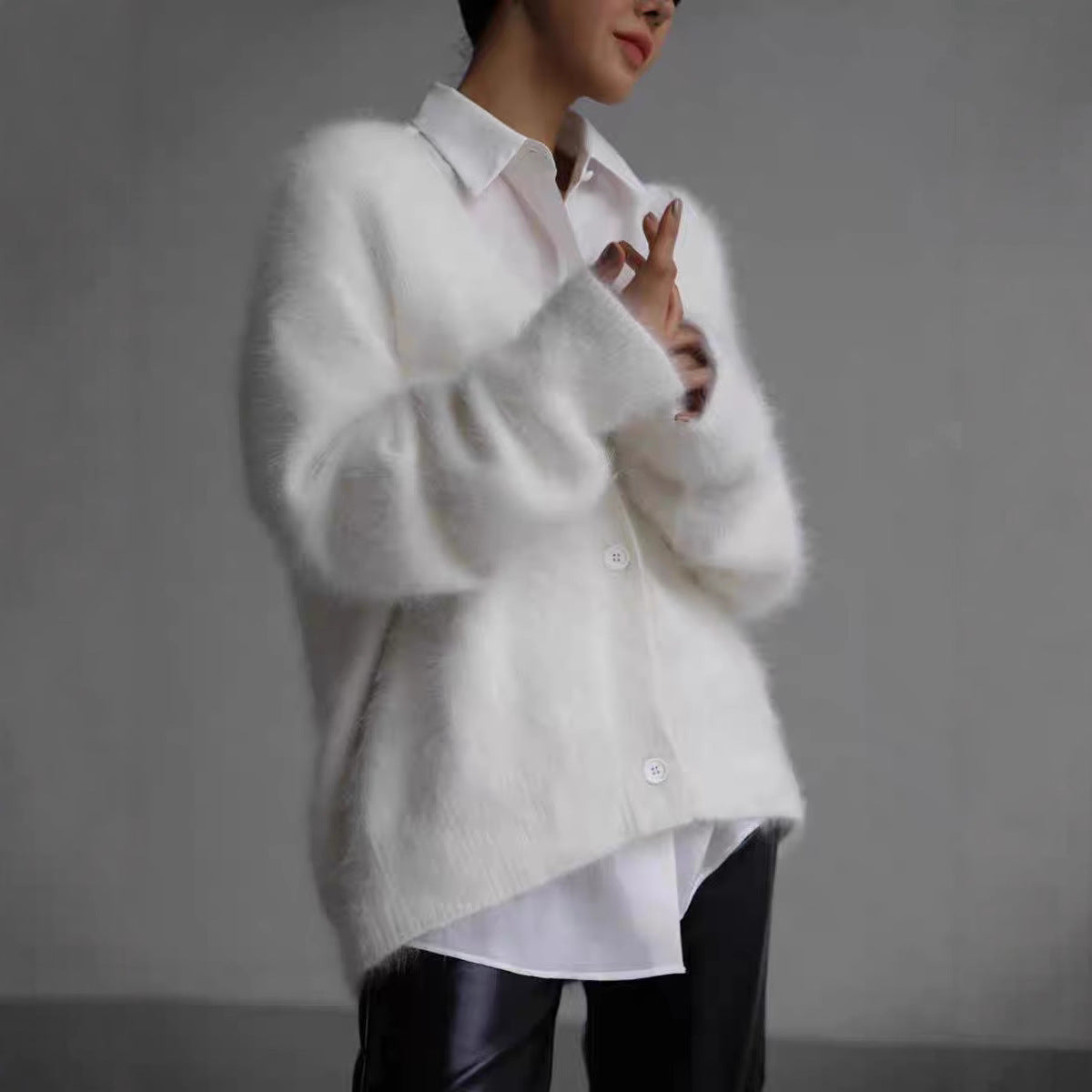 Women's Imitation Mink Fur V-Neck Long Sleeve Knit Cardigan Sweater