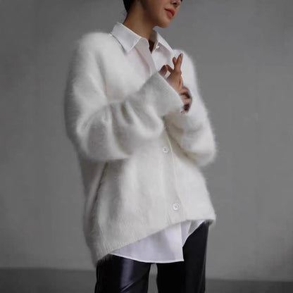 Women's Imitation Mink Fur V-Neck Long Sleeve Knit Cardigan Sweater
