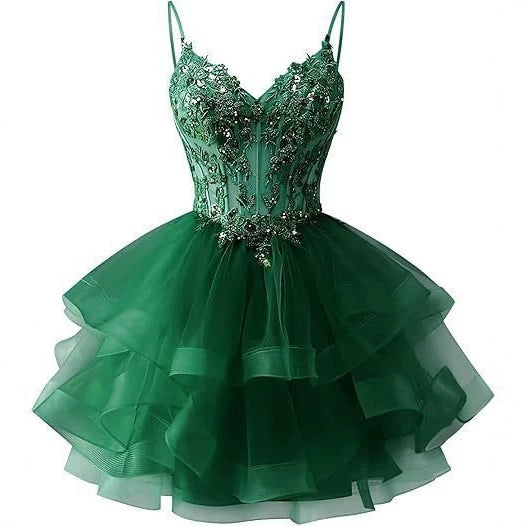 Spaghetti Strap Beaded Sequined Puffy Evening Dress