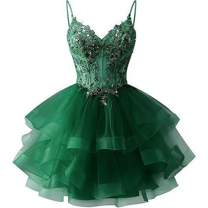 Spaghetti Strap Beaded Sequined Puffy Evening Dress