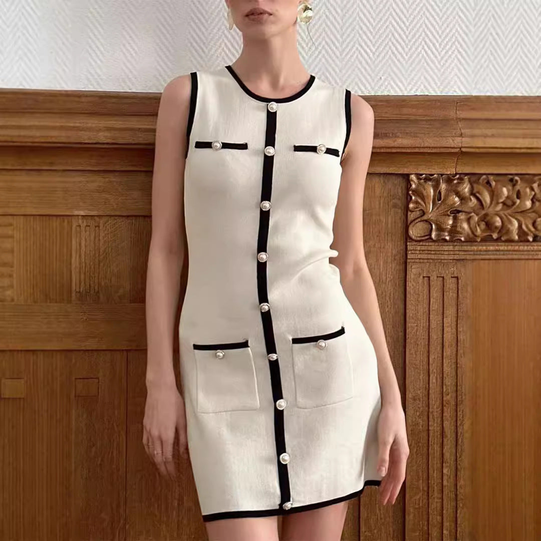 Women's Sleeveless Pearl Button A-Line Tweed Knit Mini Dress