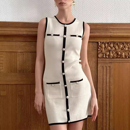 Women's Sleeveless Pearl Button A-Line Tweed Knit Mini Dress