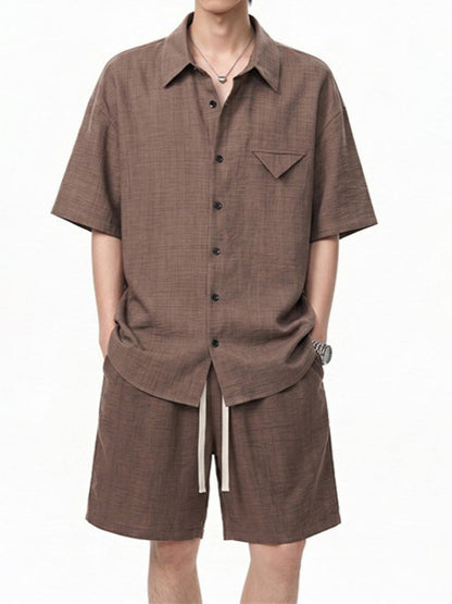 Imitation Linen Casual Suit for Men Summer Thin Drapey Short-Sleeve Shirt and Shorts Two-Piece Set