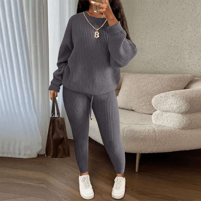 Womens Casual Knitwear Suit Long Sleeve Two Piece Pants Set