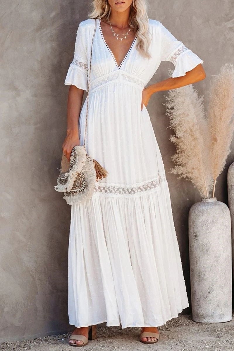 Womens Solid Color Lace Trim V-Neck Long Dress