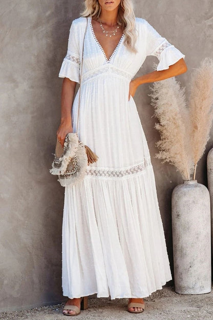 Womens Solid Color Lace Trim V-Neck Long Dress