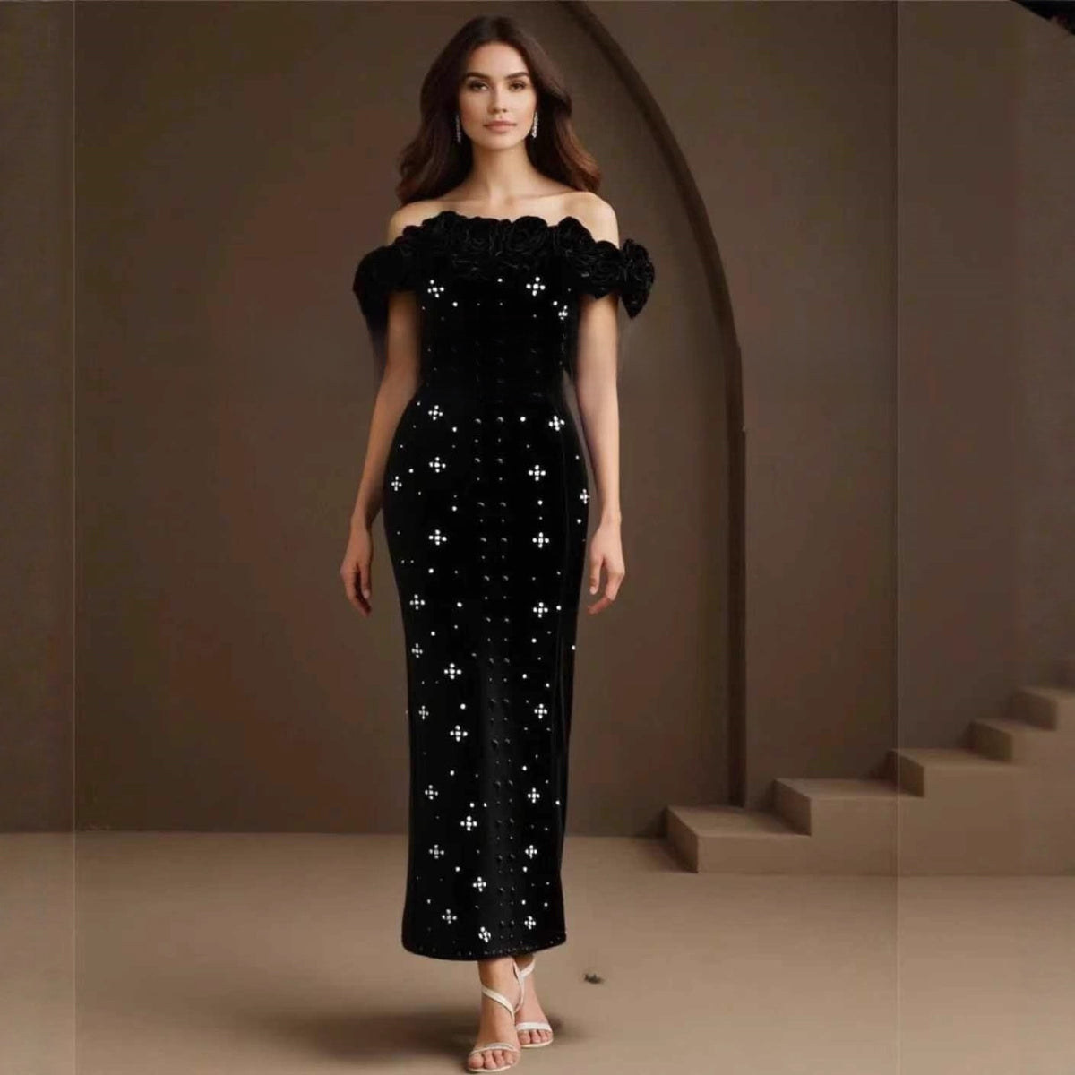 Pearl Embellished One-Shoulder Bandage Dress