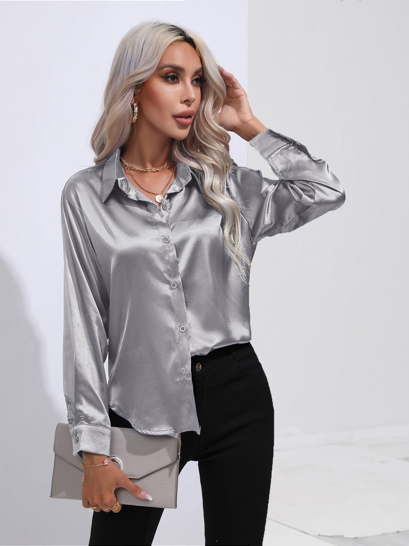 Womens Long Sleeve Satin Shirt