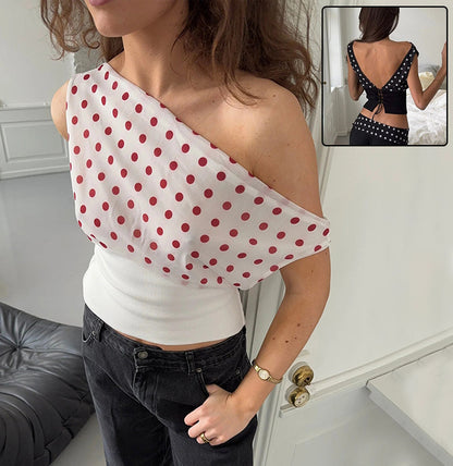 Polka Dots Schuine Schouder Top Met Vetersluiting Of Als Set Met Broek
