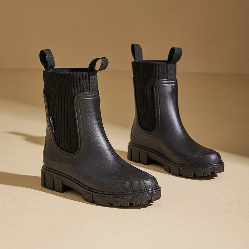 Women's Mid-Calf Waterproof PVC Non-Slip Rain Boots with Elastic Top