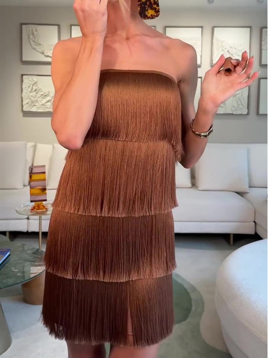 Bruine strapless mini-jurk met gelaagde franjes