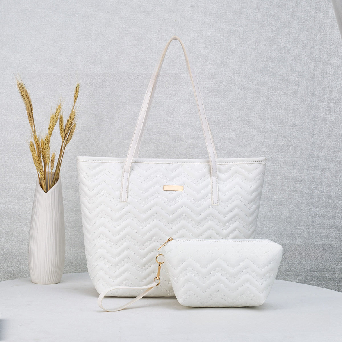 PU Embroidery Shoulder Tote Bag Set