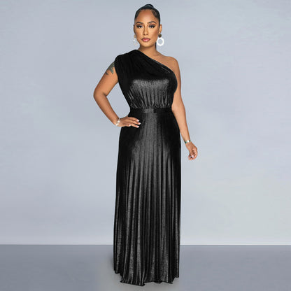 Amerikaans elegante schuine schouder effen geplooide jurk