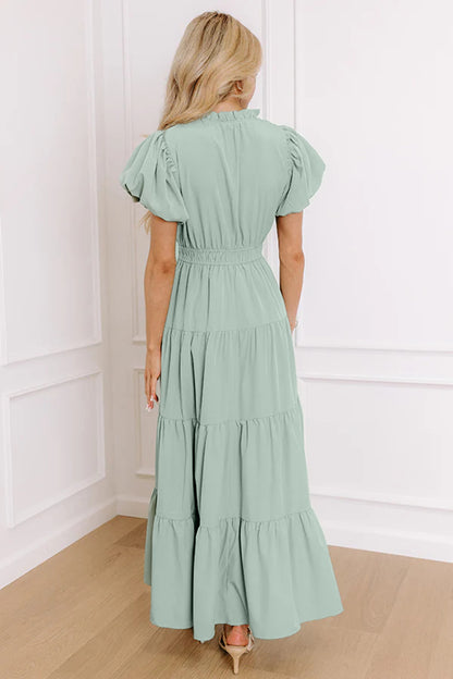 Effen maxi-jurk met V-hals korte pofmouwen en hoge taille