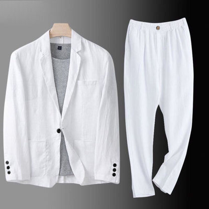Men's Summer Korean-Style Linen Suit Set ? Slim-Fit, Lightweight Cotton-Linen Casual Blazer and Trousers, Sun-Protective Two-Piece Outfit