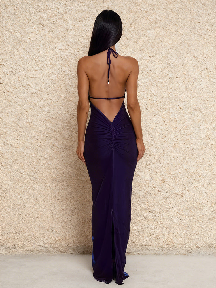 Gradient Blue Halter Deep V-Neck Rhinestone Long Dress