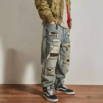 Heren Losse Rechte Taps Toelopende Versleten Jeans Amerikaans