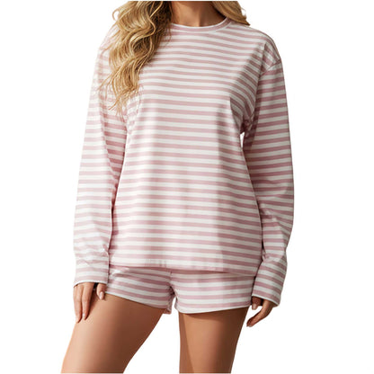 Dames gestreepte short en T-shirt met lange mouwen tweedelig setje