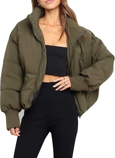 Womens Short Puffer Cotton Jacket Loose Fit Solid Color