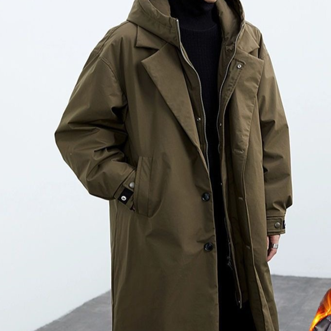 Men's two-piece hooded mid-length warm trench coat overcomes extra-thick