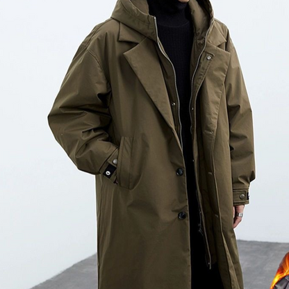 Men's two-piece hooded mid-length warm trench coat overcomes extra-thick