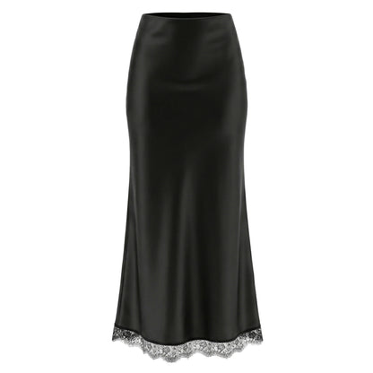 Women's High-Waisted Lace Satin A-Line Maxi Midi Skirt