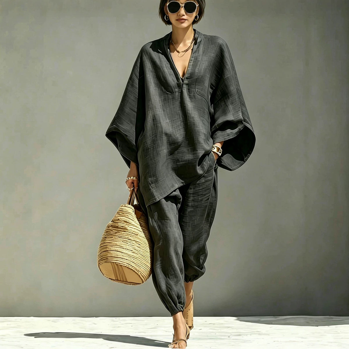 Women Casual Batwing Sleeve V-Neck Linen Blend Suit