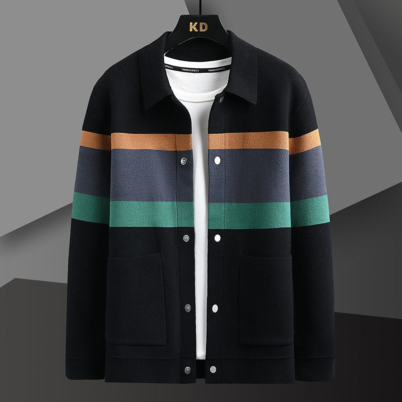 Mens Lapel Color Block Knitted Cardigan