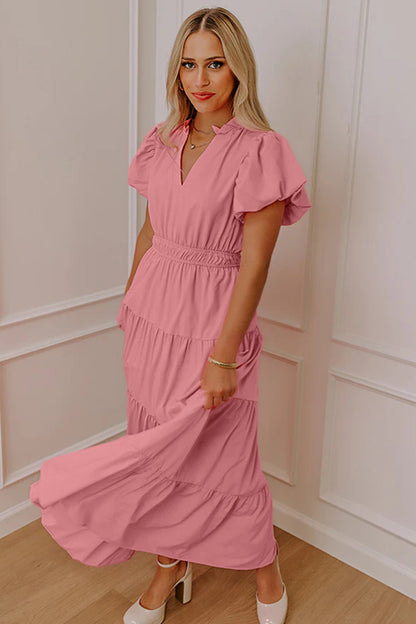 Effen maxi-jurk met V-hals korte pofmouwen en hoge taille