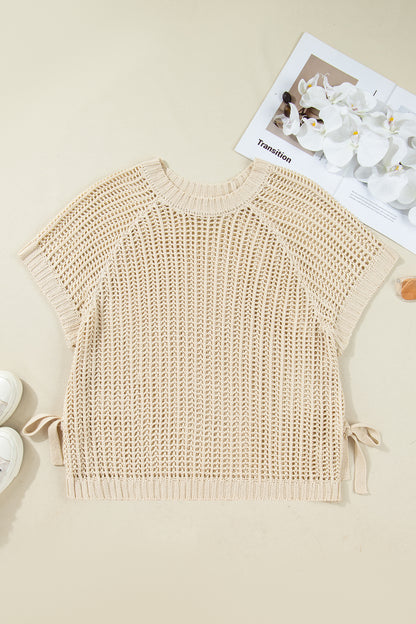 Plus size open gebreide trui met strik en korte mouwen